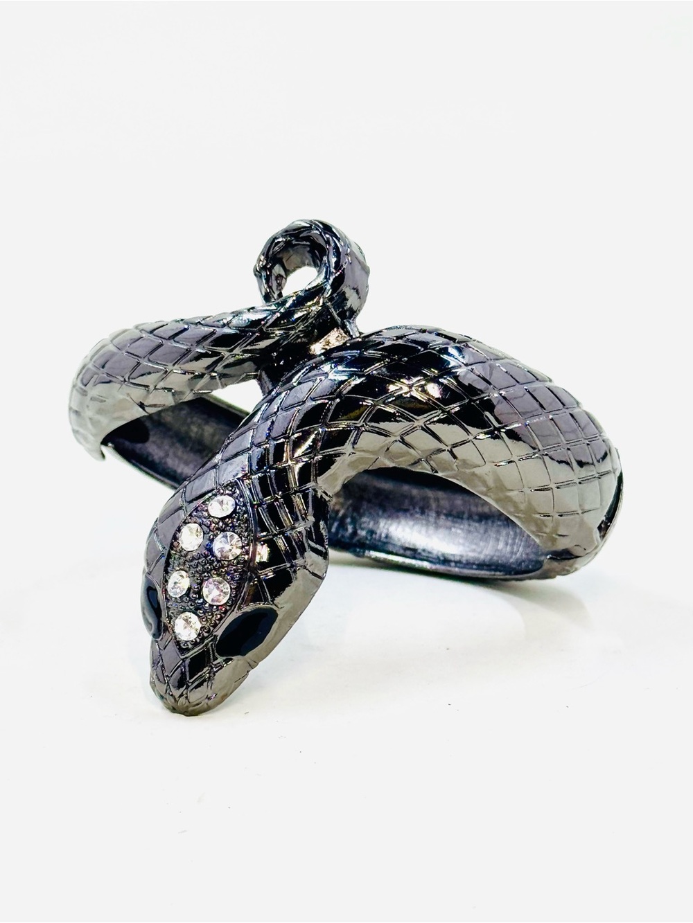 Polished Silver Tone Snake Wrap Clamper Bangle Bracelet w/Crystal Accents 7”